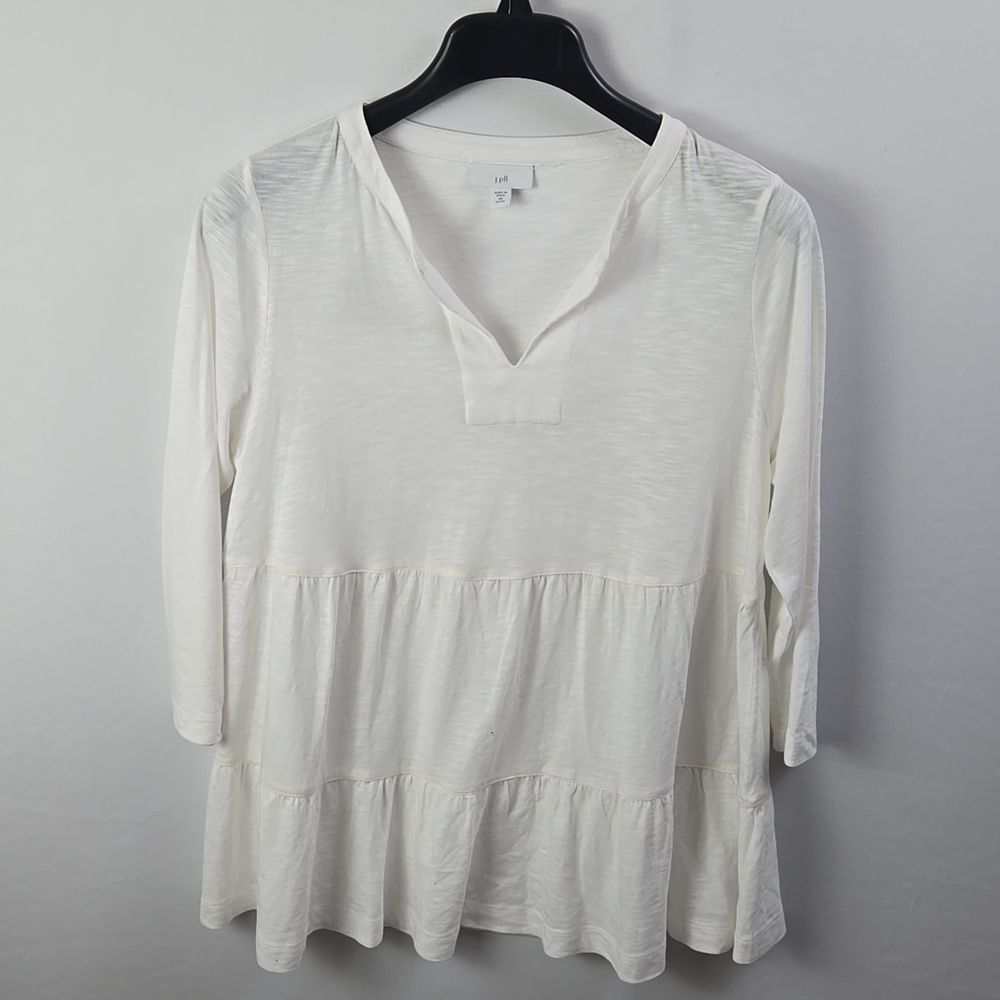 J Jill Tiered 3/4 Sleeve V-Neck Tunic Top Cotton Modal Blend White Petite Sz XS